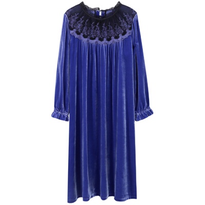 罗丝美长袖睡裙蕾丝真丝丝绒冬