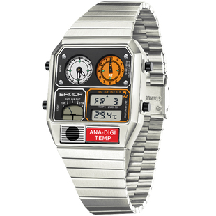 复古方块多功能中性手表户外运动钢带防水测温计时秒表闹钟电子表