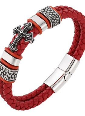 时来运转红色皮绳手链男款霸气长城纹十字架手牌转运红绳去霉运