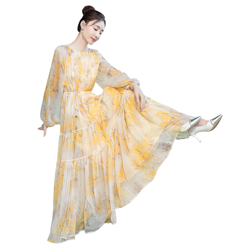 【明星同款】絲柏舍碎花連衣裙2025春裝新款女裝度假風(fēng)收腰長裙