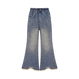 Amybaby女童裤子冬季2025新款甜美微喇蝴蝶结花边加厚牛仔裤