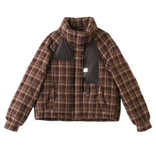 新款ERAL艾莱依格子立领短款羽绒服女白鸭绒保暖显瘦洋气时髦外套