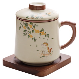 猫咪汝窑茶杯陶瓷带盖过滤马克杯个人专用办公室水杯泡茶杯子礼盒