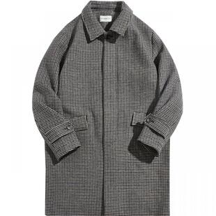 流石男装冬装千鸟格中长款大衣男士2025年冬季双面毛呢加厚款外套