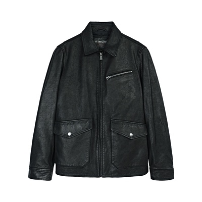 MCS重水洗山羊皮翻领夹克皮衣男