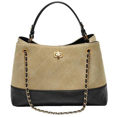 百丽包包女冬季新款反绒麂皮小香风撞色单肩托特包F3055DX5