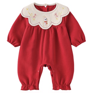 法国Miscrk春秋新款婴儿衣服女宝宝连体衣红色喜庆公主哈衣包屁衣