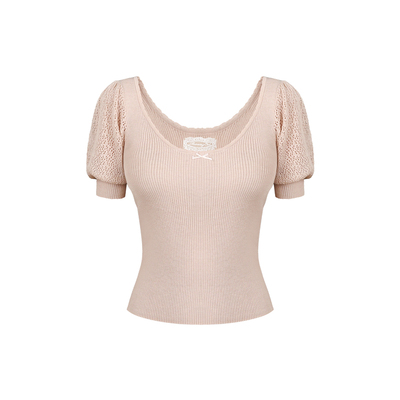 绵羊毛混纺镂空泡泡袖针织上衣