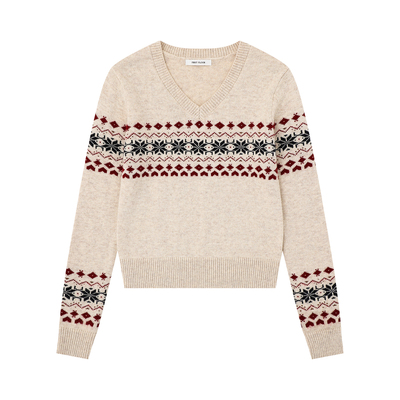 FIRSTFLOOR 秋冬费尔岛雪花提花V领慵懒风松弛感短款休闲毛衣上衣