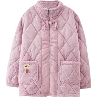 珊瑚绒夹棉睡衣女秋冬季加厚保暖三层大码立领上衣单件上装女外套