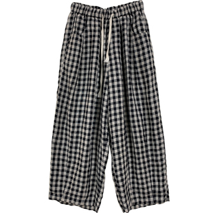 复述色织亚麻黑格子裤 夏季新款松紧腰舒适显瘦方格长裤