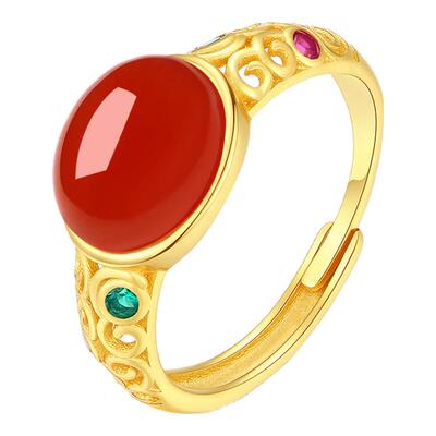 本命年蛇保山南红柿子红蛋面戒指