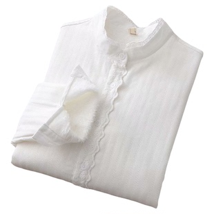 2023春秋加绒加厚长袖衬衫女生蕾丝花边立领百搭白衬衣打底上衣仙