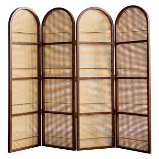 法式复古风折叠藤编屏风客厅实木置物书架中古杂志架玄关入户遮挡