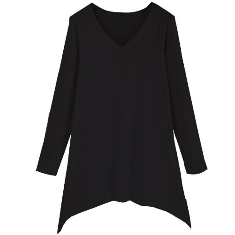 短袖T恤女薄夏新款宽松显瘦大V领纯色大码不规则下摆上衣小衫