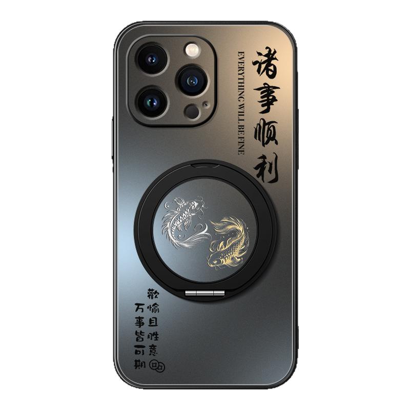 适用苹果16手机壳新款高级感iPhone15promax国风14pro创意13防摔i12带旋转支架11pm磨砂硅胶阴阳鱼