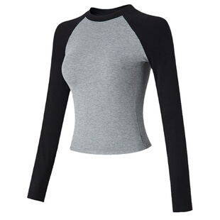 高级拼色健身衣女长袖弹力紧身训练运动上衣女显瘦跑步瑜伽服秋冬