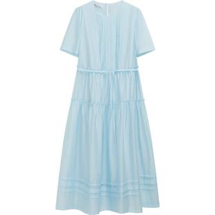 播蓝色连衣裙女夏收腰显瘦法式气质温柔长裙