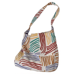 小白兔几 ins条纹单肩包上班通勤斜挎包2023撞色大容量逛街购物袋