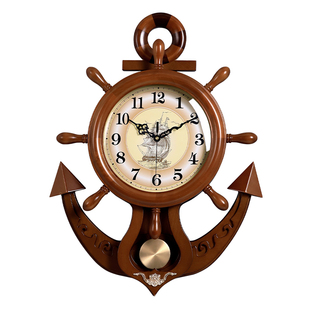 创意欧式船舵实木挂钟客厅家用高级感静音时钟中古风装饰挂墙钟表
