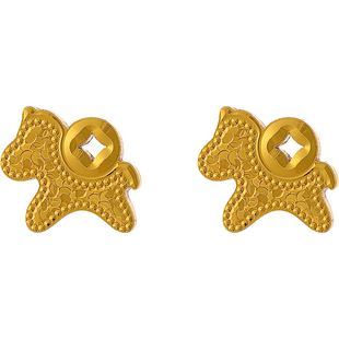 独特漂亮新年小马钱币耳钉女2026新款爆款高级感耳饰马上有钱耳环