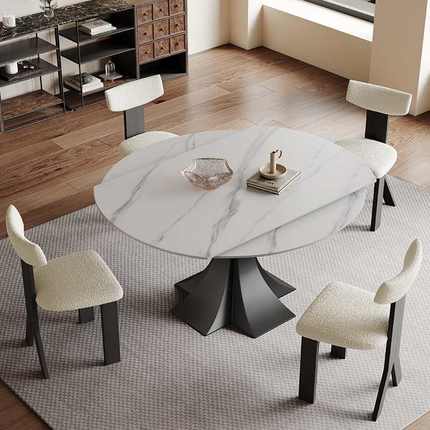 L7复古伸缩岩板餐桌可变圆桌现代简约折叠黑色家用意式方圆两用餐