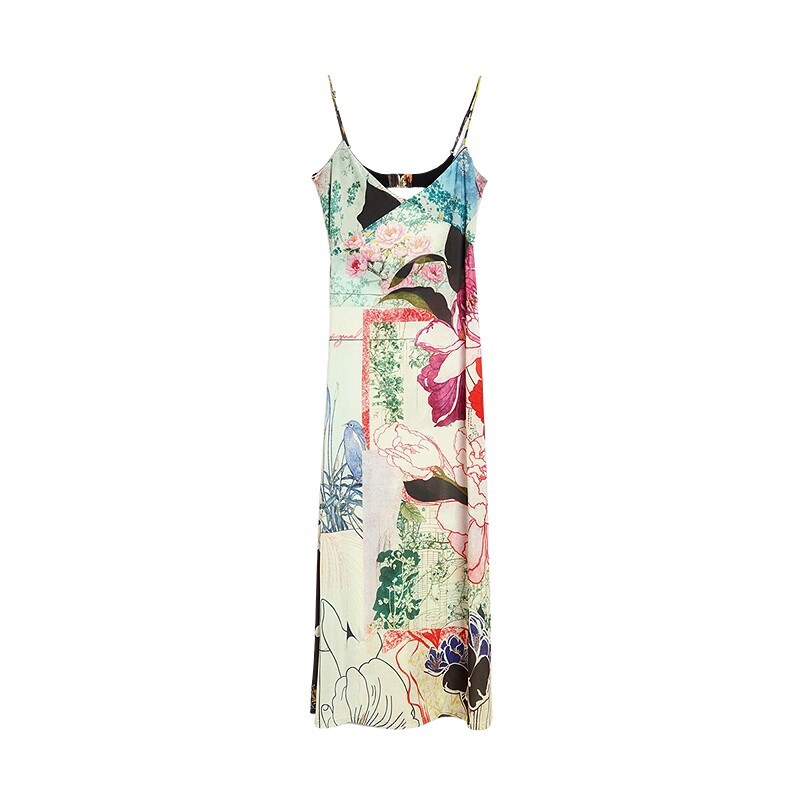 Desigual26秋冬新品新中式水墨牡丹V领细吊带露背收腰连衣裙
