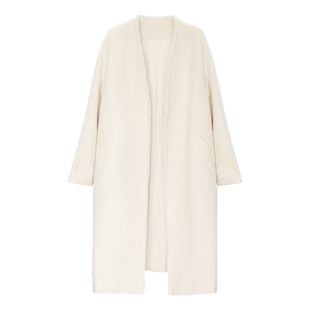 因由时髦静奢轻盈高品羊驼毛无领慵懒感毛边中长款大衣外套女秋冬