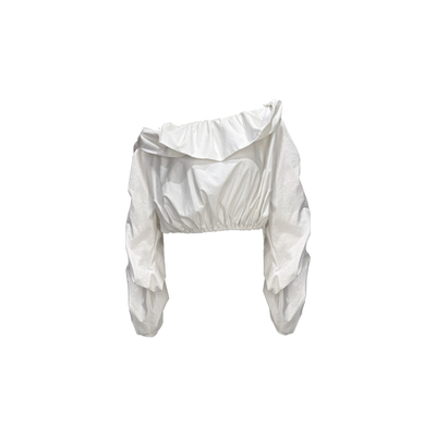 荷叶边一字领露肩衬衫女