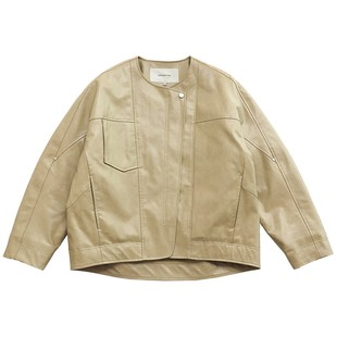 鹿与飞鸟“淡奶皮子”廓形夹克门襟拉链挡风蛋奶杏PU皮衣外套6990