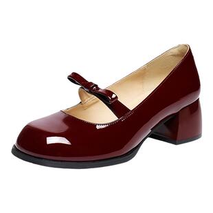 红蜻蜓红色玛丽珍鞋春季新款女鞋皮鞋法式气质粗跟高跟鞋黑色单鞋