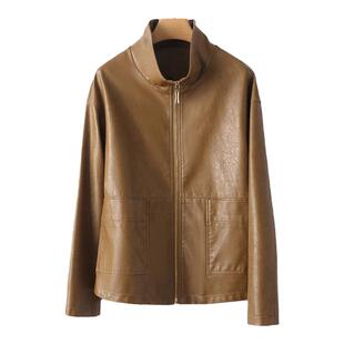 皮衣女真皮外套短款立领休闲卡其色春秋新款时尚韩版绵羊皮夹克女