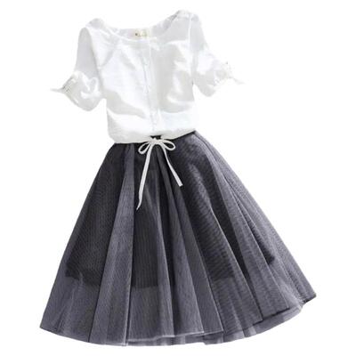 女童春秋网纱百褶半身裙中长款