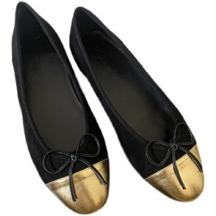 2025春季小香风拼色单鞋蝴蝶结浅口低跟平底圆头芭蕾鞋女休闲真皮