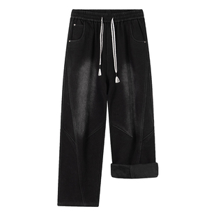 加绒加厚牛仔裤男士宽松直筒裤胖子加肥加大冬季保暖休闲系带长裤