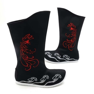 汉服靴子女古风侠客古装男鞋刺绣翘头内增高皂靴中式官靴长筒布靴