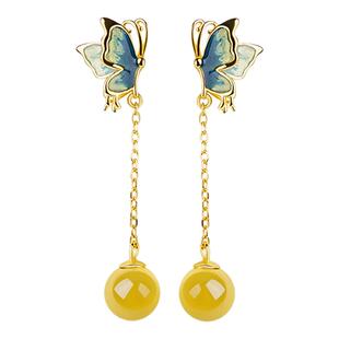 宫里上新蝴蝶耳钉女款天然琥珀耳饰纯银流苏耳坠生日礼物送妈妈