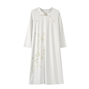 浪莎国风睡裙女春秋款带胸垫一体式纯棉中式古风睡衣中长款连衣裙