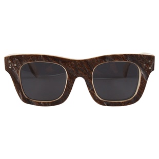 倒梯形太阳眼镜凹凸不平质感三颗铆钉饰复古棕色真鹿角方框墨镜