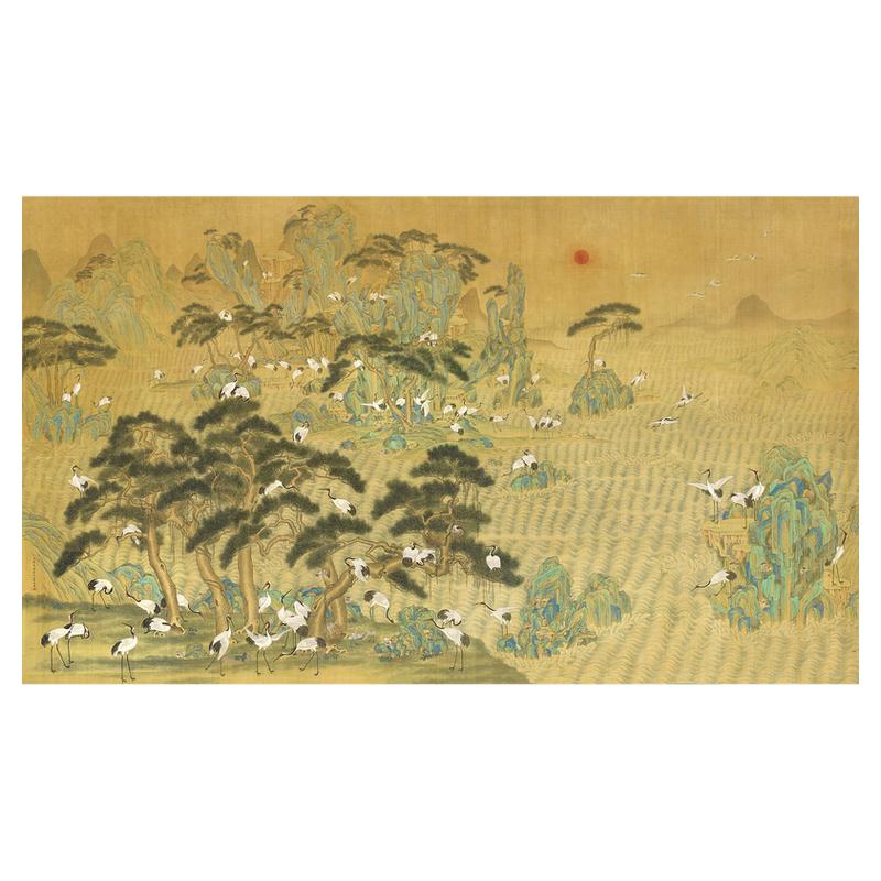 松鹤图青绿国画横幅画芯
