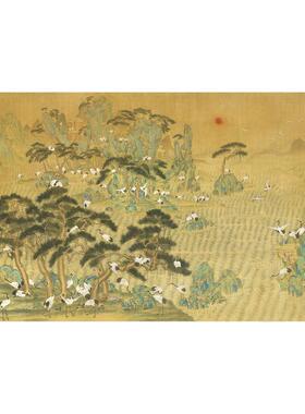 松鹤图青绿国画横幅画芯