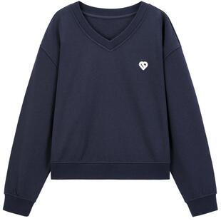 乐町V领宽松卫衣女2025春季新款字母刺绣短款上衣显高藏青色卫衣