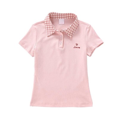 鹿山野 严选粉格翻领刺绣短袖t恤女夏季甜美Polo领修身短款上衣潮