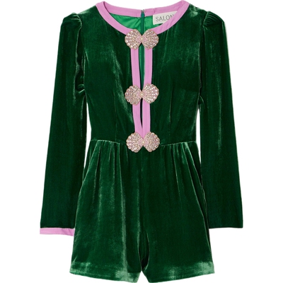 Saloni 夏女带缀饰真丝绉纱边饰天鹅绒丝绒连体短裤