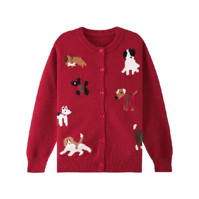 左西女大童红色洋气针织外套毛衣