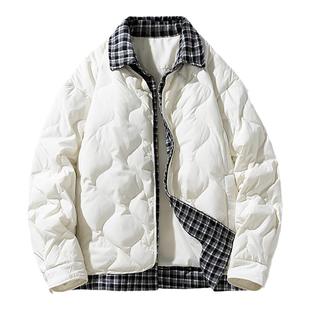 假两件羽绒服男冬季新款休闲宽松东北学生外套百搭潮流格子衬衫领