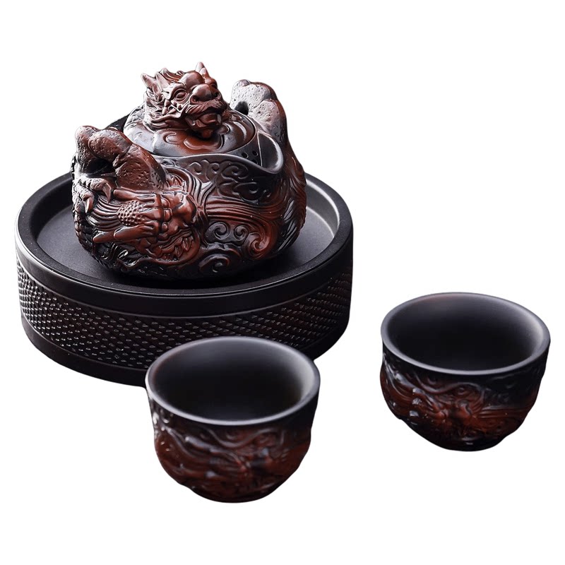 紫陶旅行茶具浮雕龙行天下手抓壶