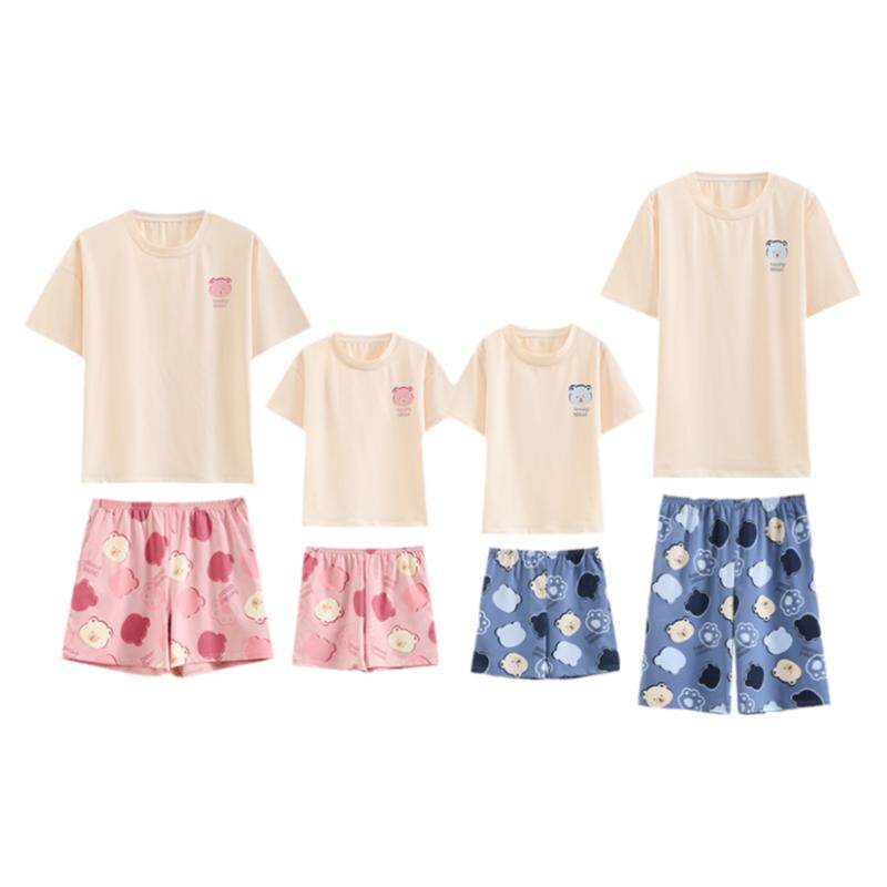 纯棉亲子睡衣夏季一家三口四口母子女童短袖儿童大码卡通薄款套装