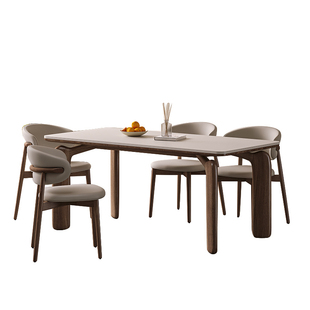 原木复古大象腿长方形实木餐桌椅组合法式中古家用岩板饭桌胡桃色