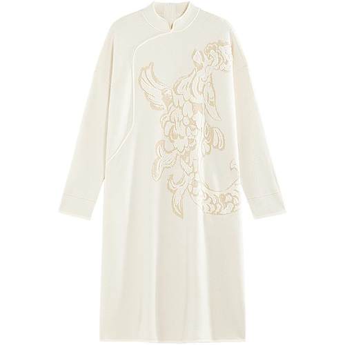 EXCEPTION例外女装羊毛连衣裙绣花抽绳褶皱设计POLO领宽松长裙子